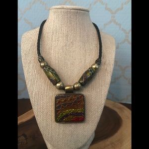 Chico’s Stardust Aztec Enameled Pendant Brass and Braided Leather Necklace